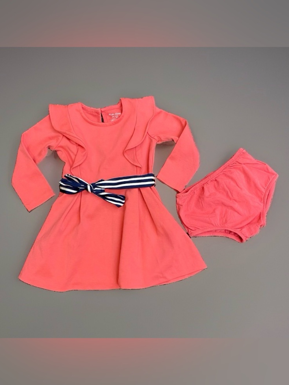 Ralph Lauren Coral Pink Ruffle Long Sleeve Dress Set with Belt Size 12 Months